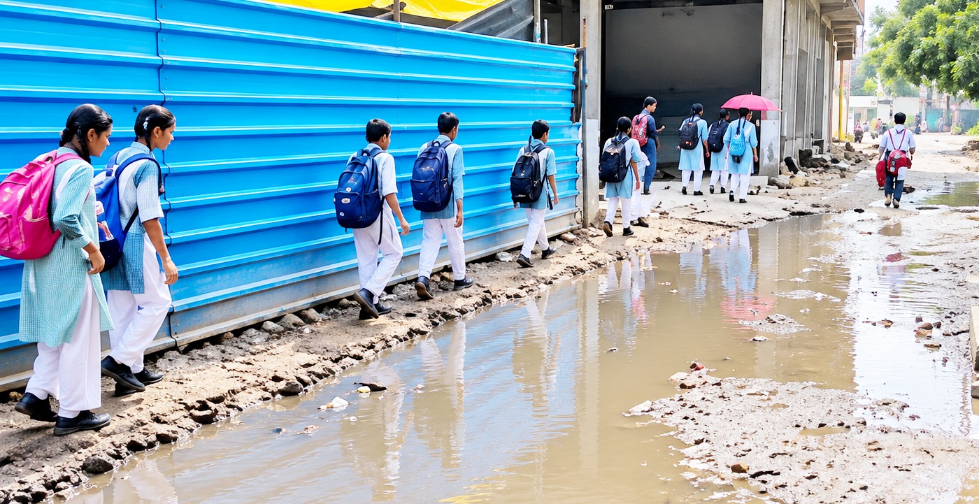 तीन साल से जर्जर स्कूल का रास्ता, पानी में निकलकर छात्राओं ने लगाई गुहार